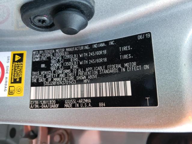 Photo 10 from auction – 2019 TOYOTA HIGHLANDER with VIN 5TDJZRFH7KS701453