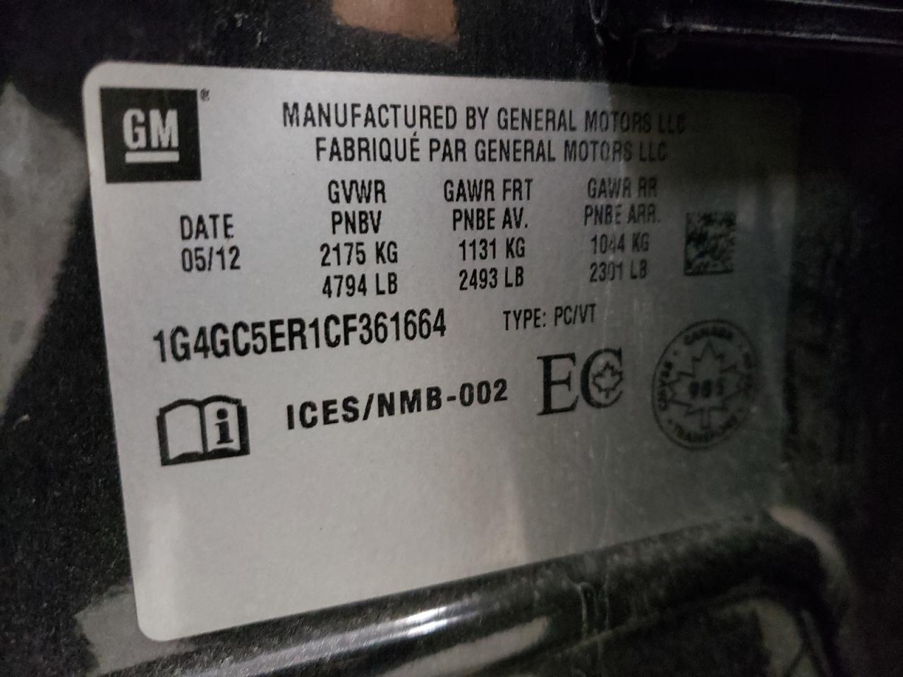 Photo 10 from auction – 2012 BUICK LACROSSE with VIN 1G4GC5ER1CF361664