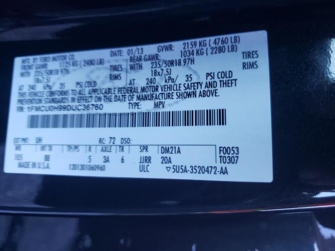 Photo 10 from auction – 2013 FORD ESCAPE SEL with VIN 1FMCU0H99DUC36760