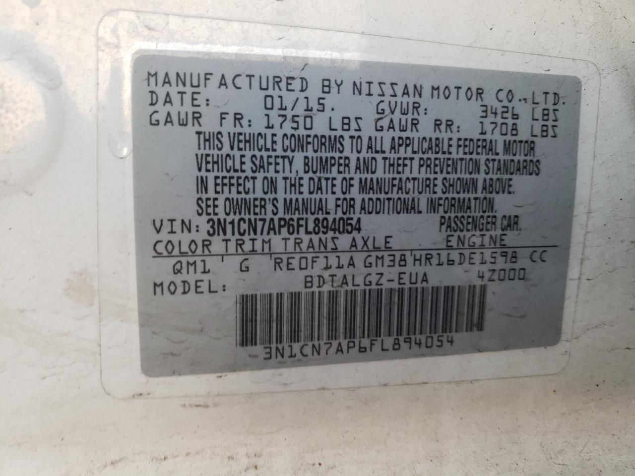 Photo 10 from auction – 2015 NISSAN VERSA with VIN 3N1CN7AP6FL894054