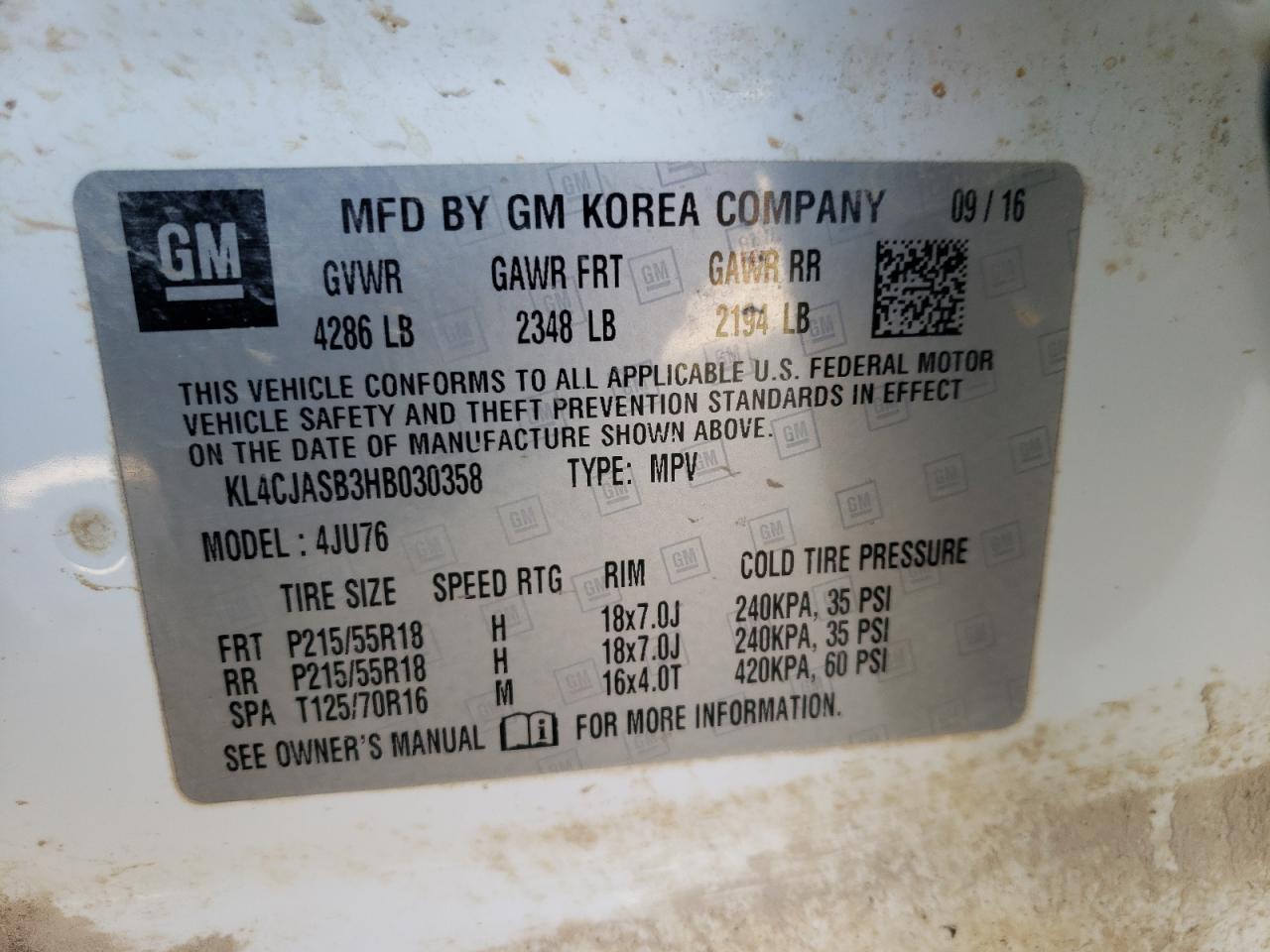Photo 10 from auction – 2017 BUICK ENCORE PRE with VIN KL4CJASB3HB030358