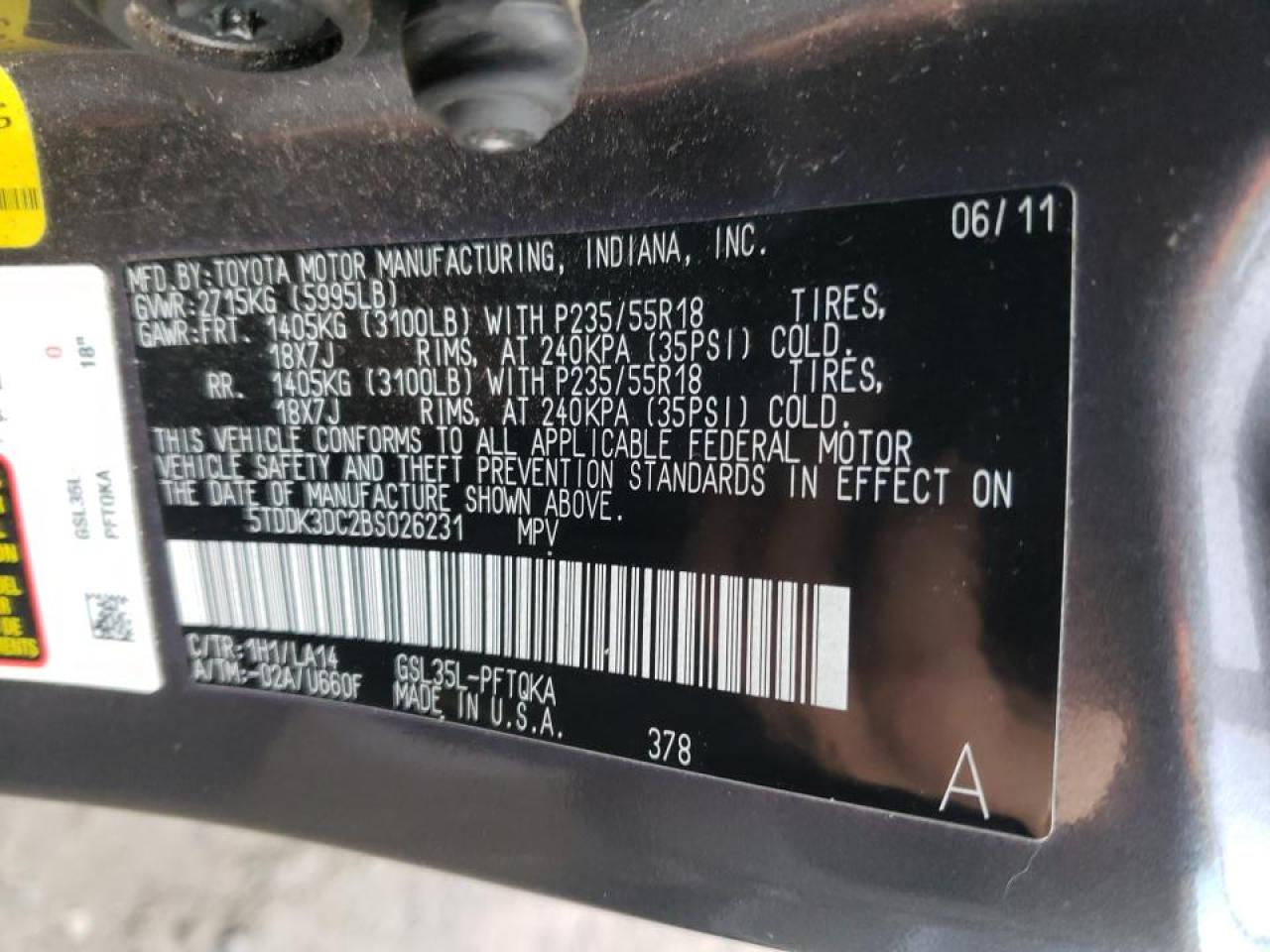 Photo 10 from auction – 2011 TOYOTA SIENNA XLE with VIN 5TDDK3DC2BS026231