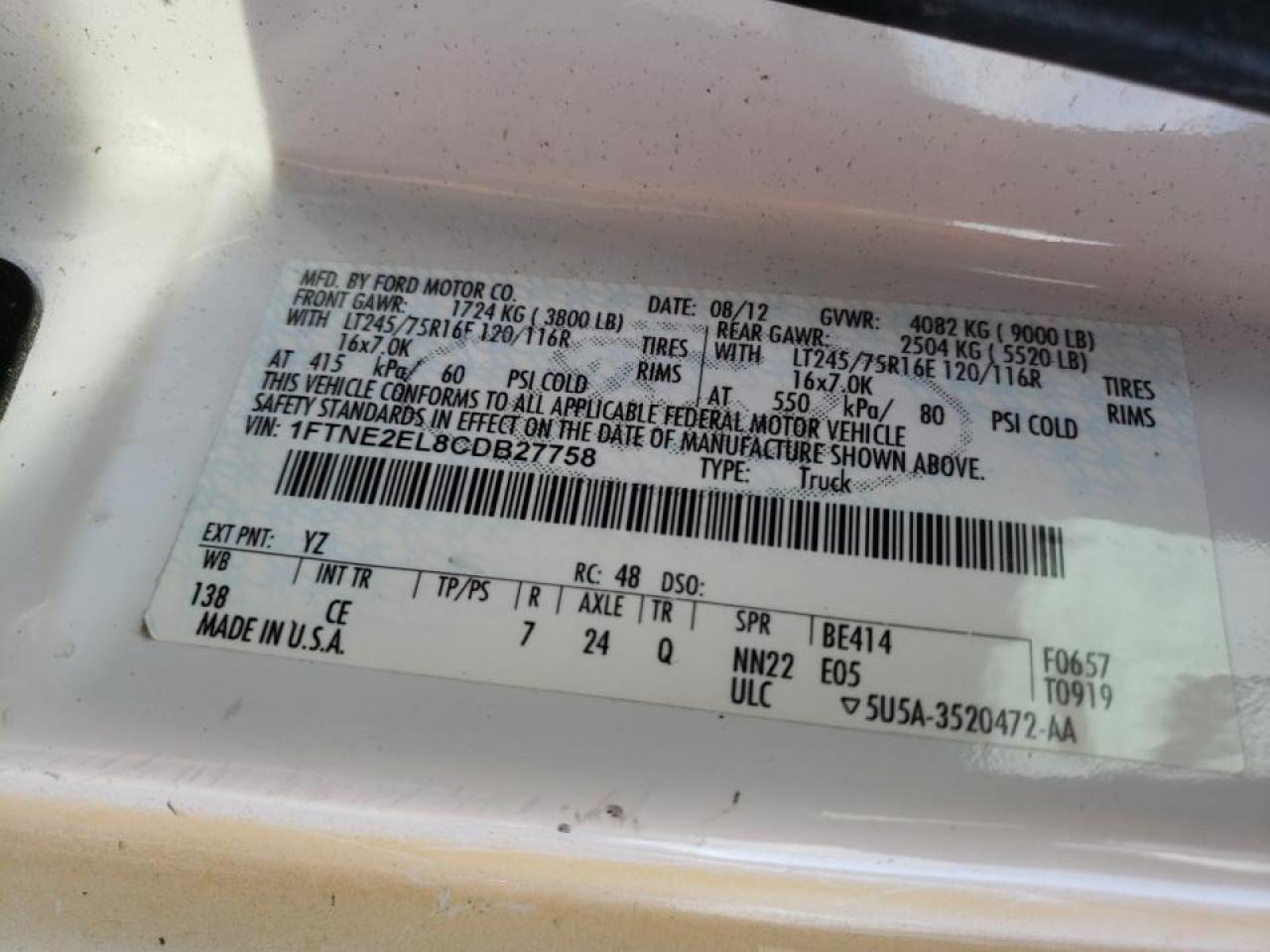 Photo 10 from auction – 2012 FORD ECONOLINE with VIN 1FTNE2EL8CDB27758
