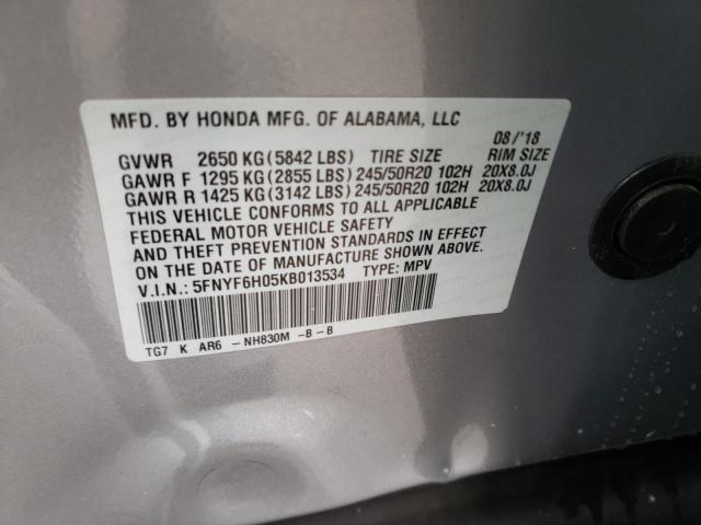 Photo 10 from auction – 2019 HONDA PILOT ELIT with VIN 5FNYF6H05KB013534