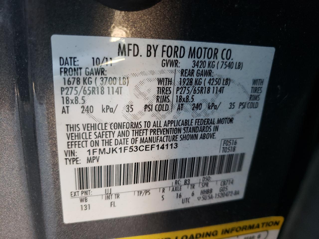 Photo 10 from auction – 2012 FORD EXPEDITION with VIN 1FMJK1F53CEF14113