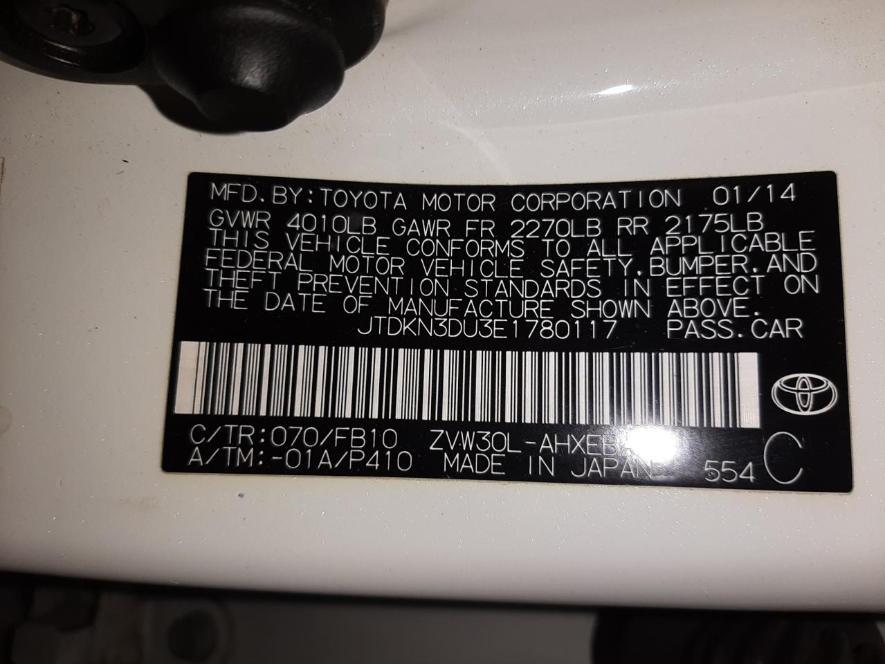 Photo 10 from auction – 2014 TOYOTA PRIUS with VIN JTDKN3DU3E1780117