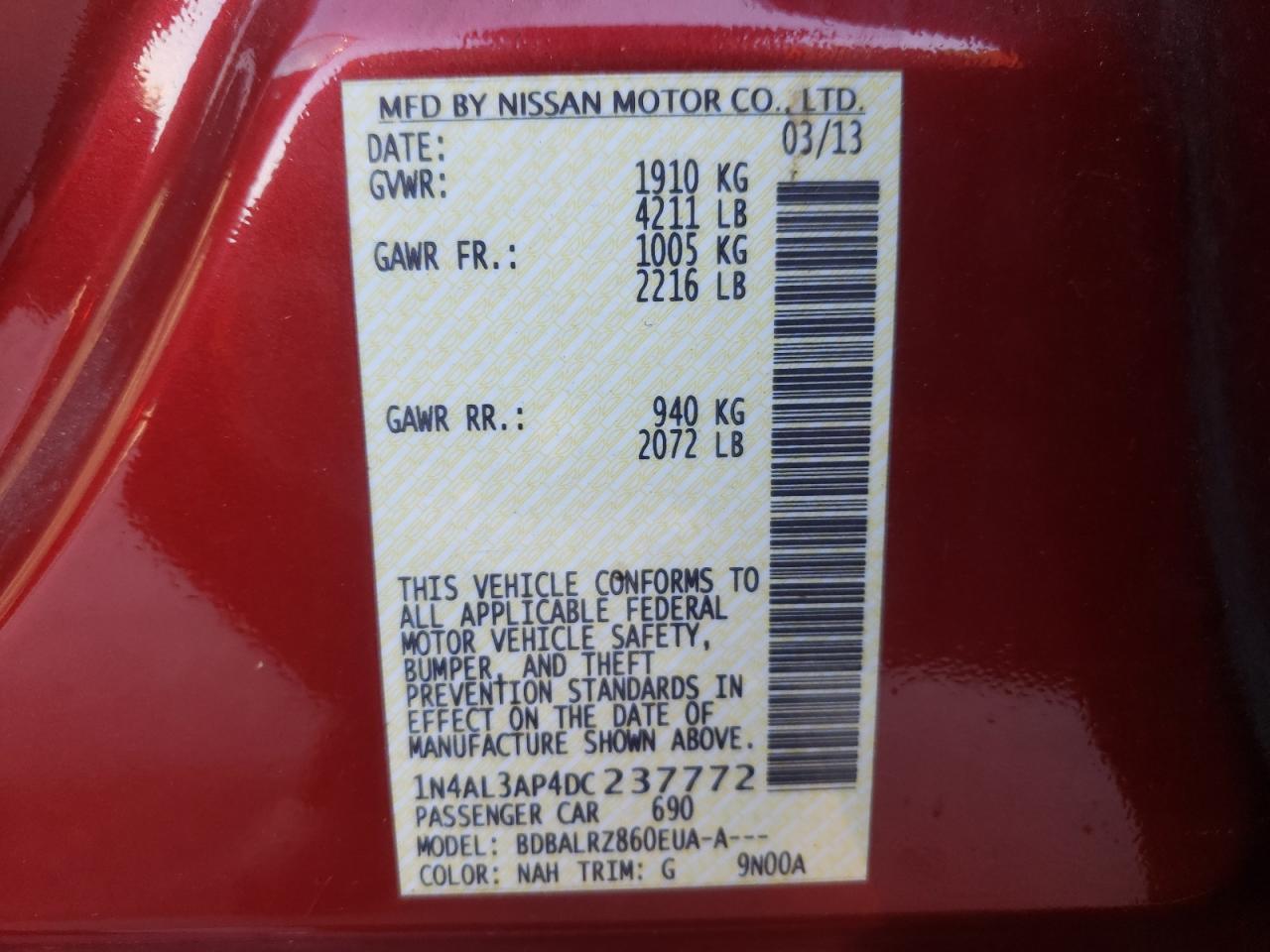 Photo 10 from auction – 2013 NISSAN ALTIMA 2.5 with VIN 1N4AL3AP4DC237772