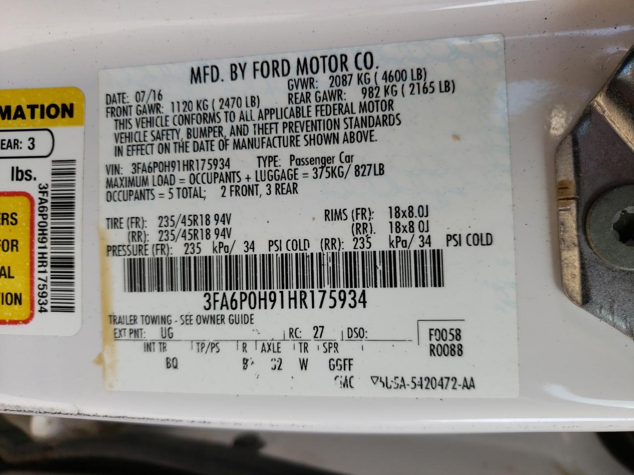 Photo 10 from auction – 2017 FORD FUSION SE with VIN 3FA6P0H91HR175934