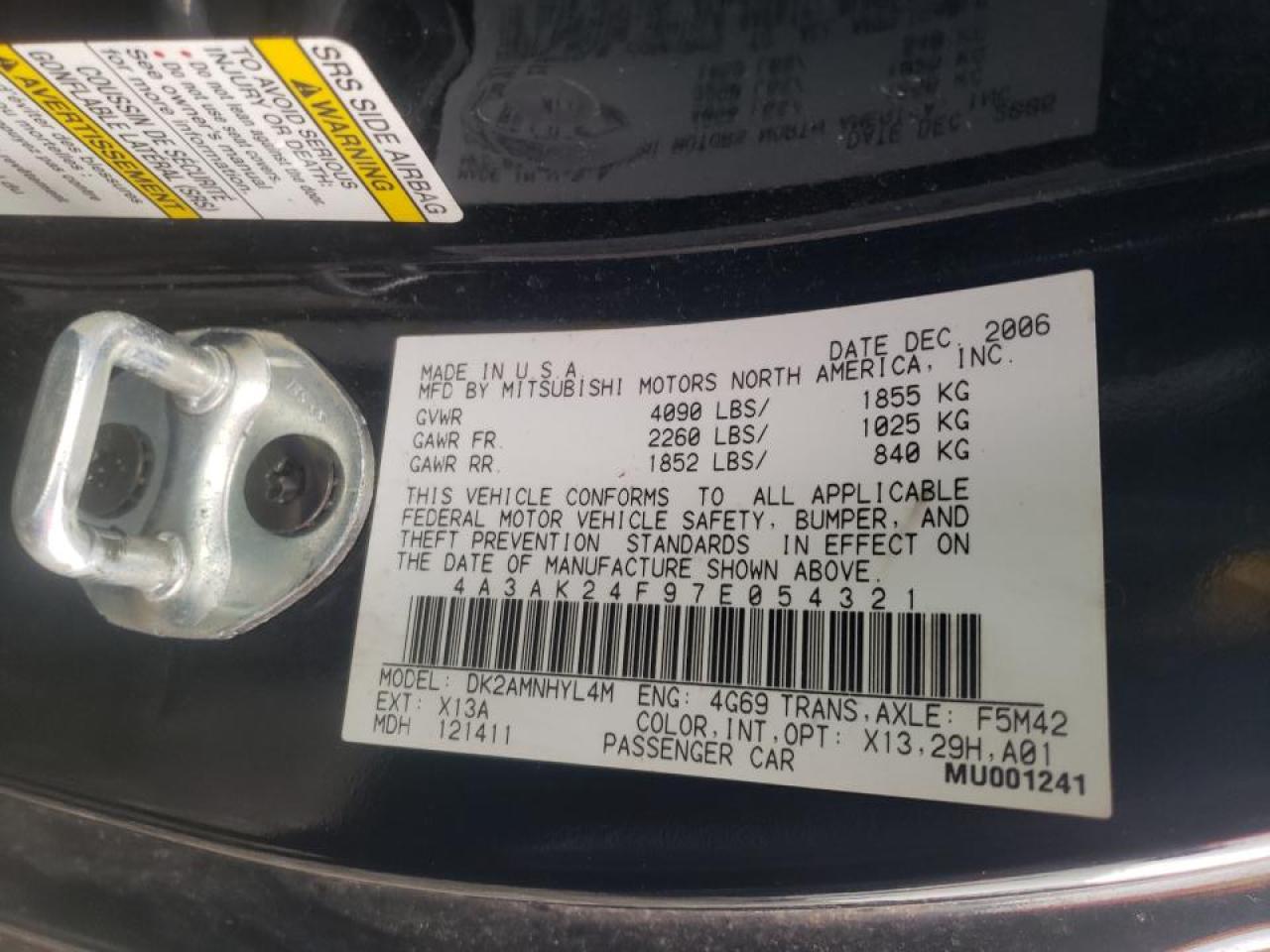Photo 10 from auction – 2007 MITSUBISHI ECLIPSE GS with VIN 4A3AK24F97E054321