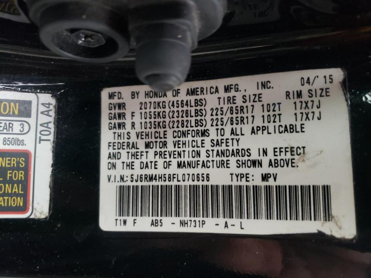 Photo 10 from auction – 2015 HONDA CR-V EX with VIN 5J6RM4H58FL070656
