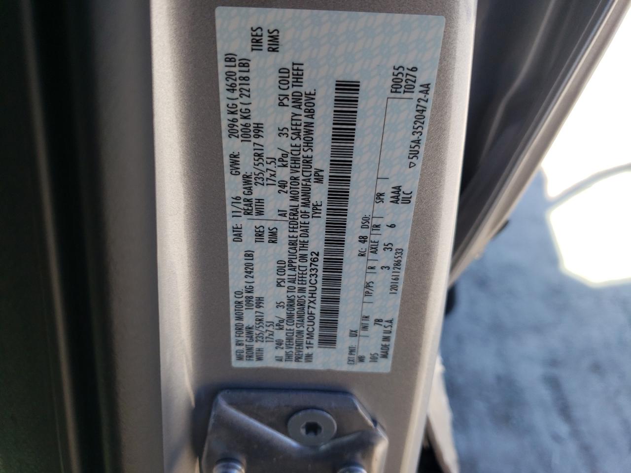 Photo 10 from auction – 2017 FORD ESCAPE S with VIN 1FMCU0F7XHUC33762