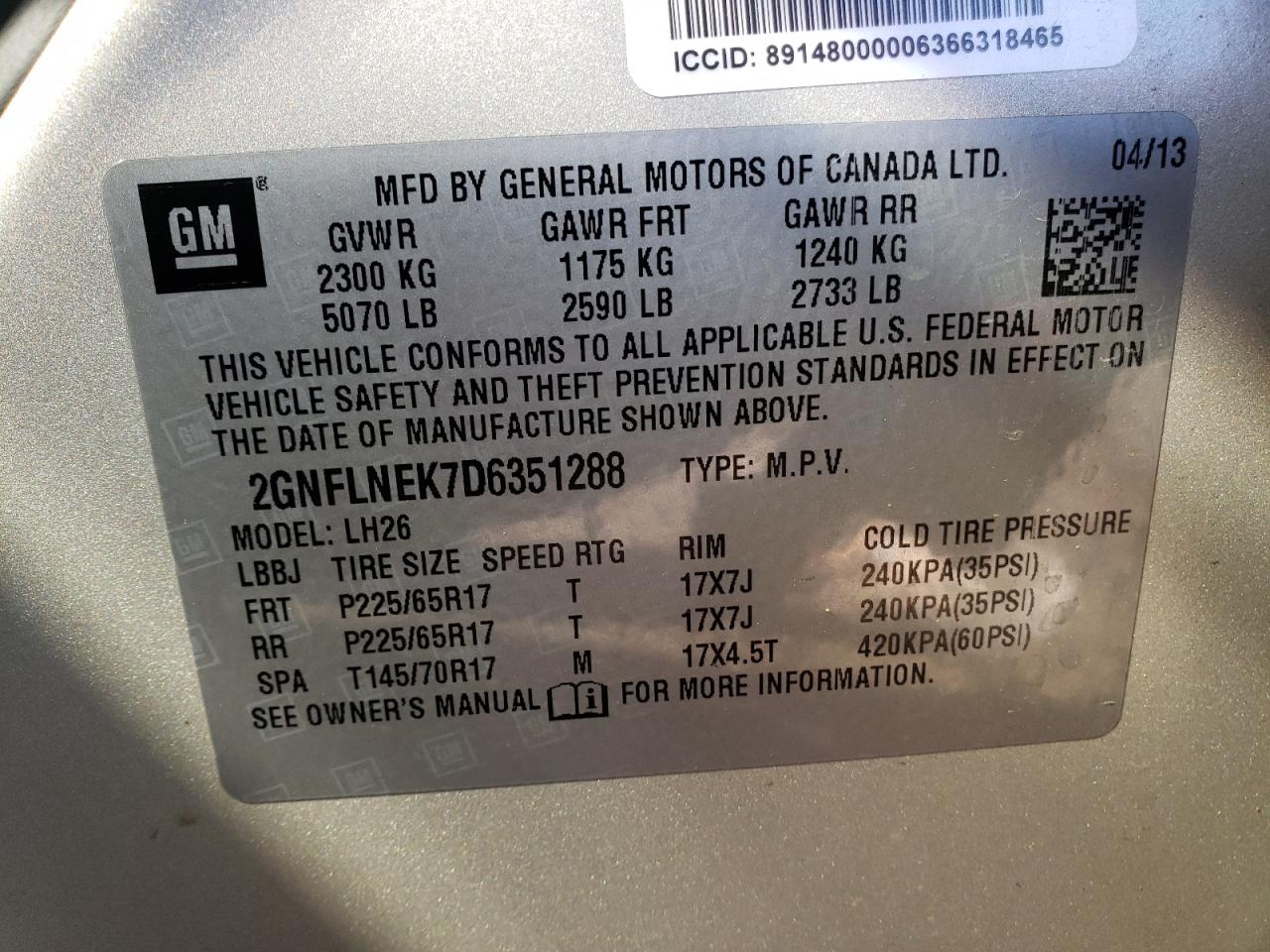 Photo 10 from auction – 2013 CHEVROLET EQUINOX LT with VIN 2GNFLNEK7D6351288