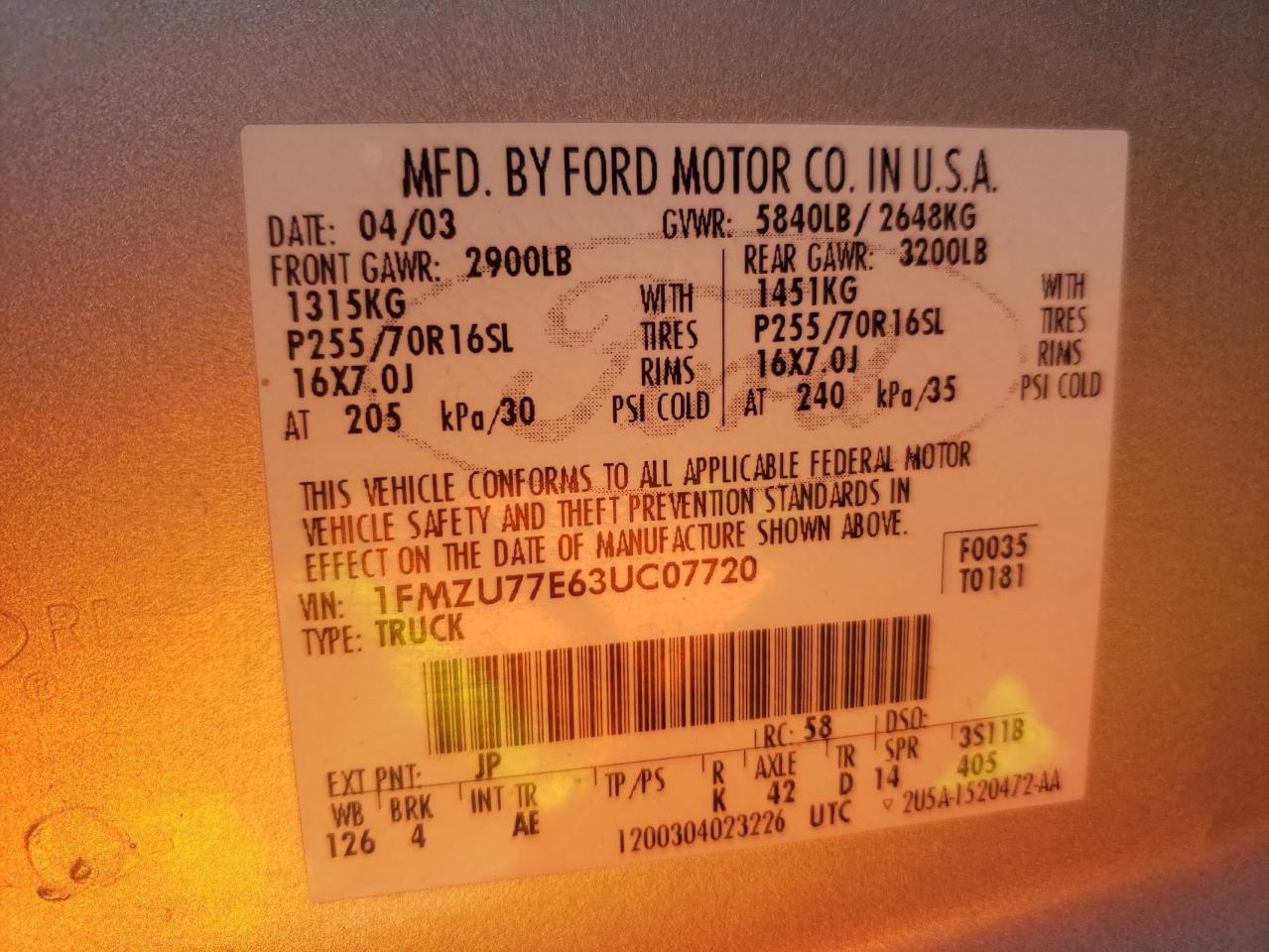 Photo 10 from auction – 2003 FORD EXPLORER S with VIN 1FMZU77E63UC07720