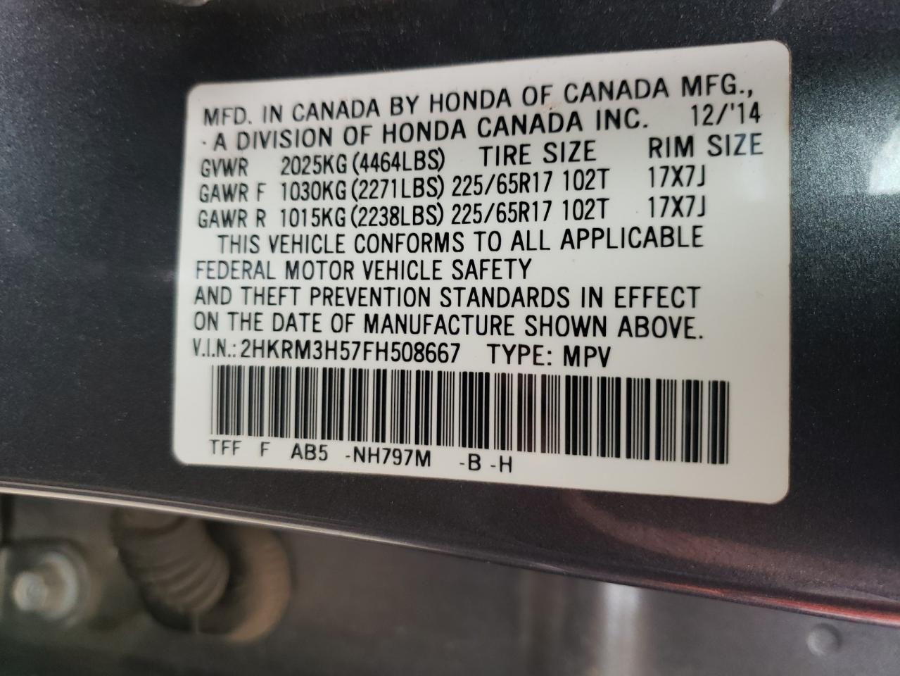 Photo 10 from auction – 2015 HONDA CR-V EX with VIN 2HKRM3H57FH508667