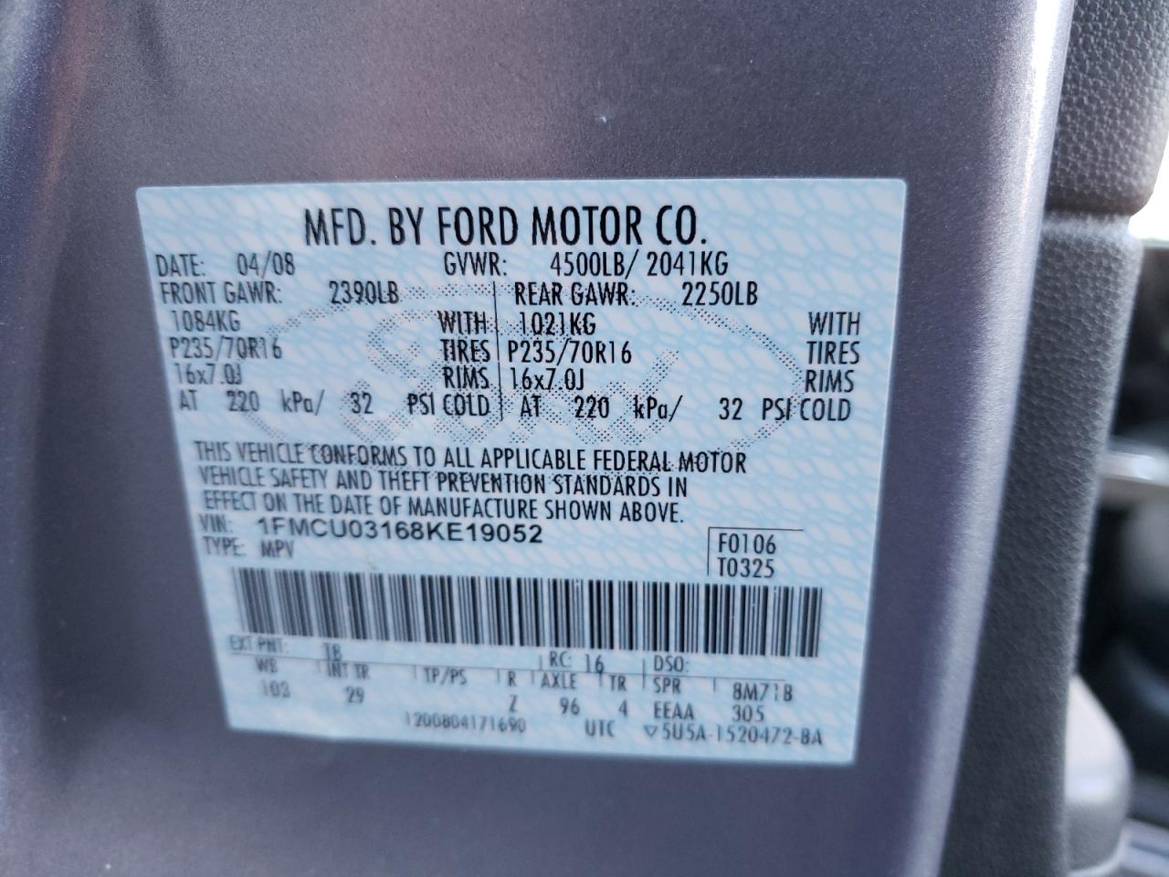 Photo 10 from auction – 2008 FORD ESCAPE XLT with VIN 1FMCU03168KE19052