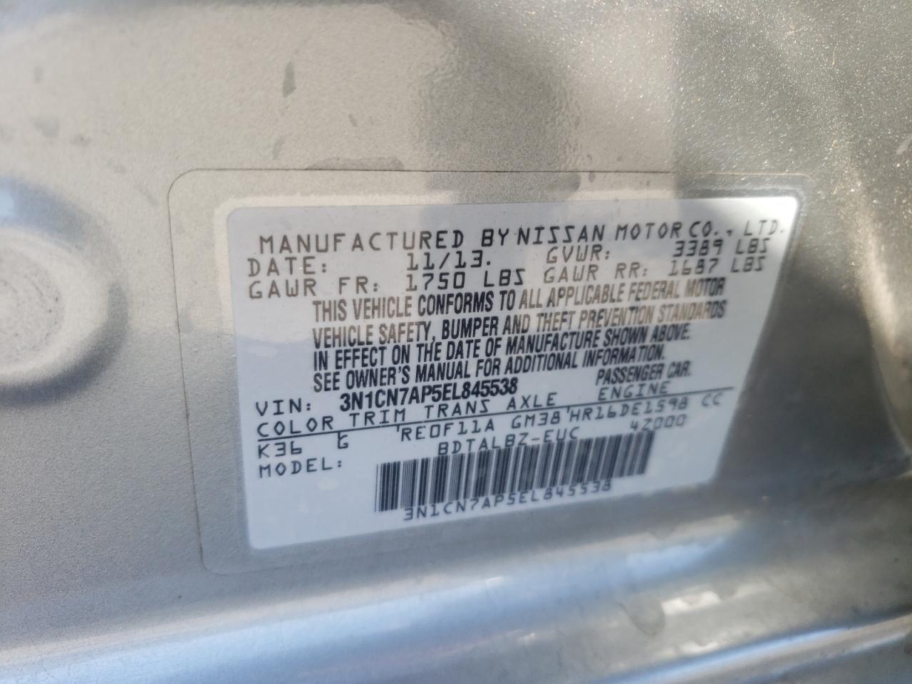 Photo 10 from auction – 2014 NISSAN VERSA with VIN 3N1CN7AP5EL845538