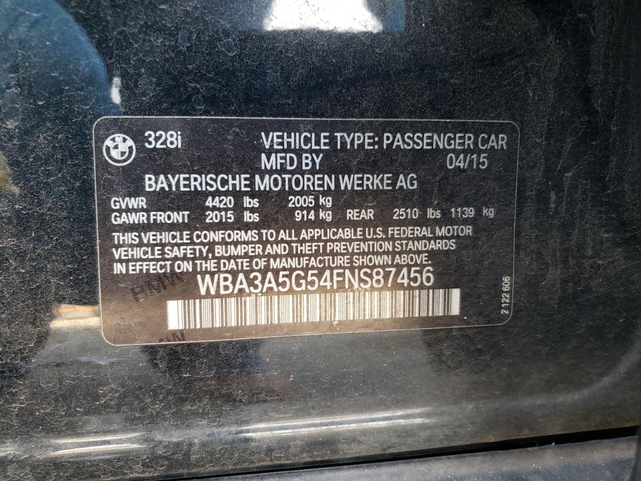 Photo 10 from auction – 2015 BMW 328 I with VIN WBA3A5G54FNS87456