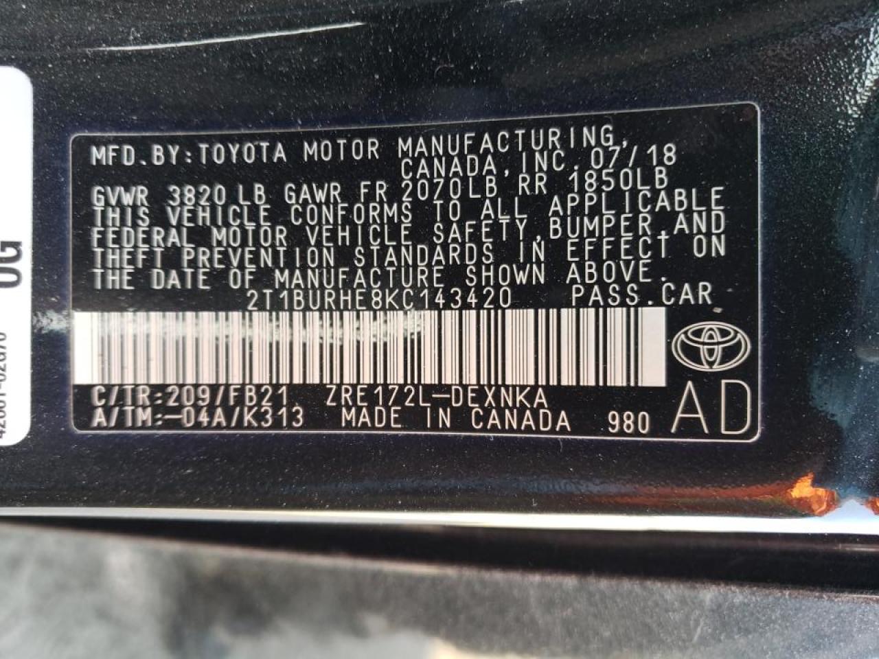 Photo 10 from auction – 2019 TOYOTA COROLLA L with VIN 2T1BURHE8KC143420