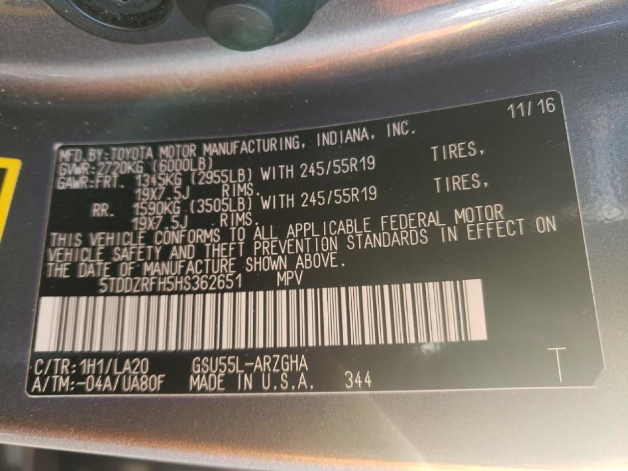 Photo 10 from auction – 2017 TOYOTA HIGHLANDER with VIN 5TDDZRFH5HS362651