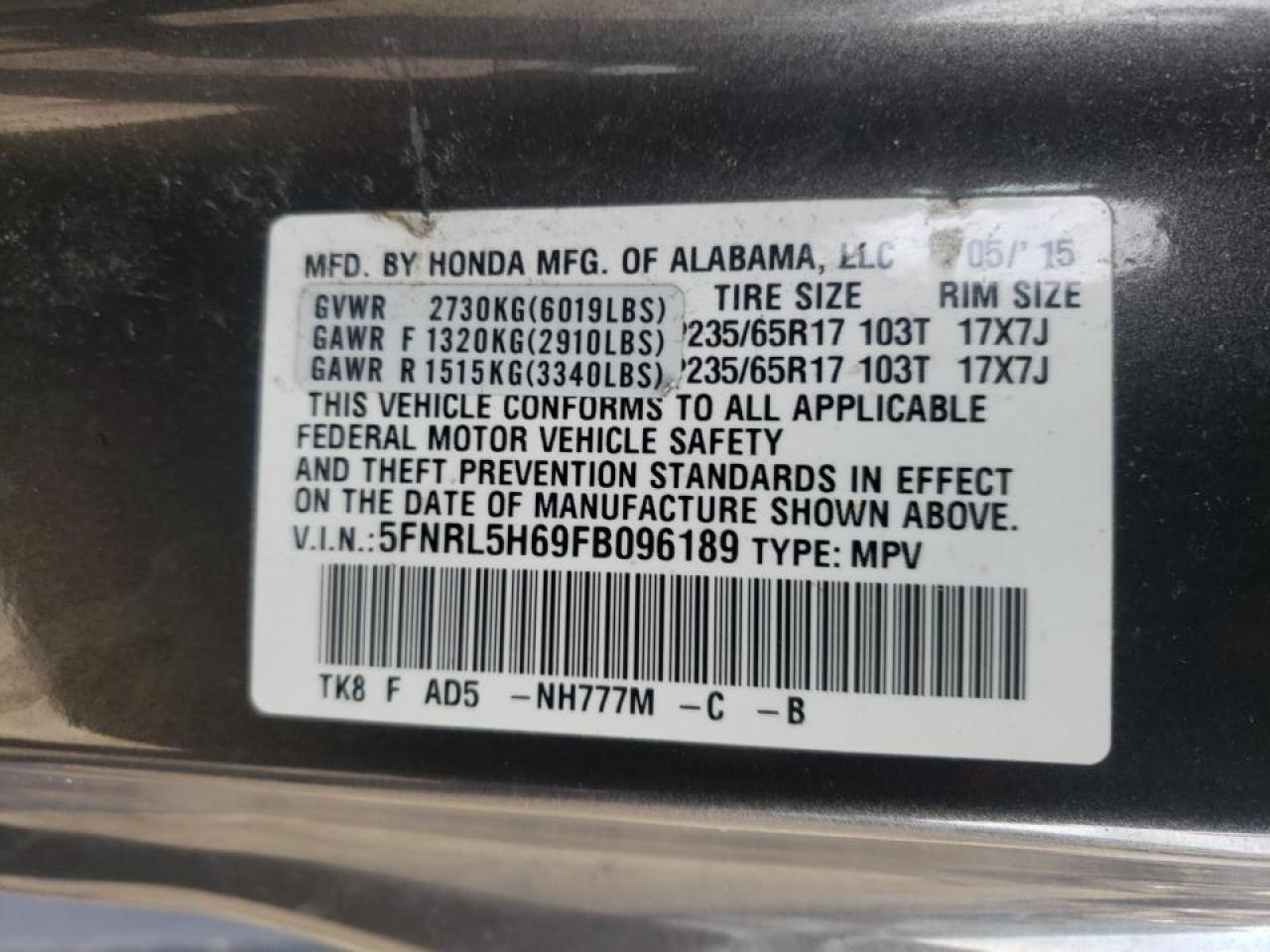 Photo 10 from auction – 2015 HONDA ODYSSEY EX with VIN 5FNRL5H69FB096189