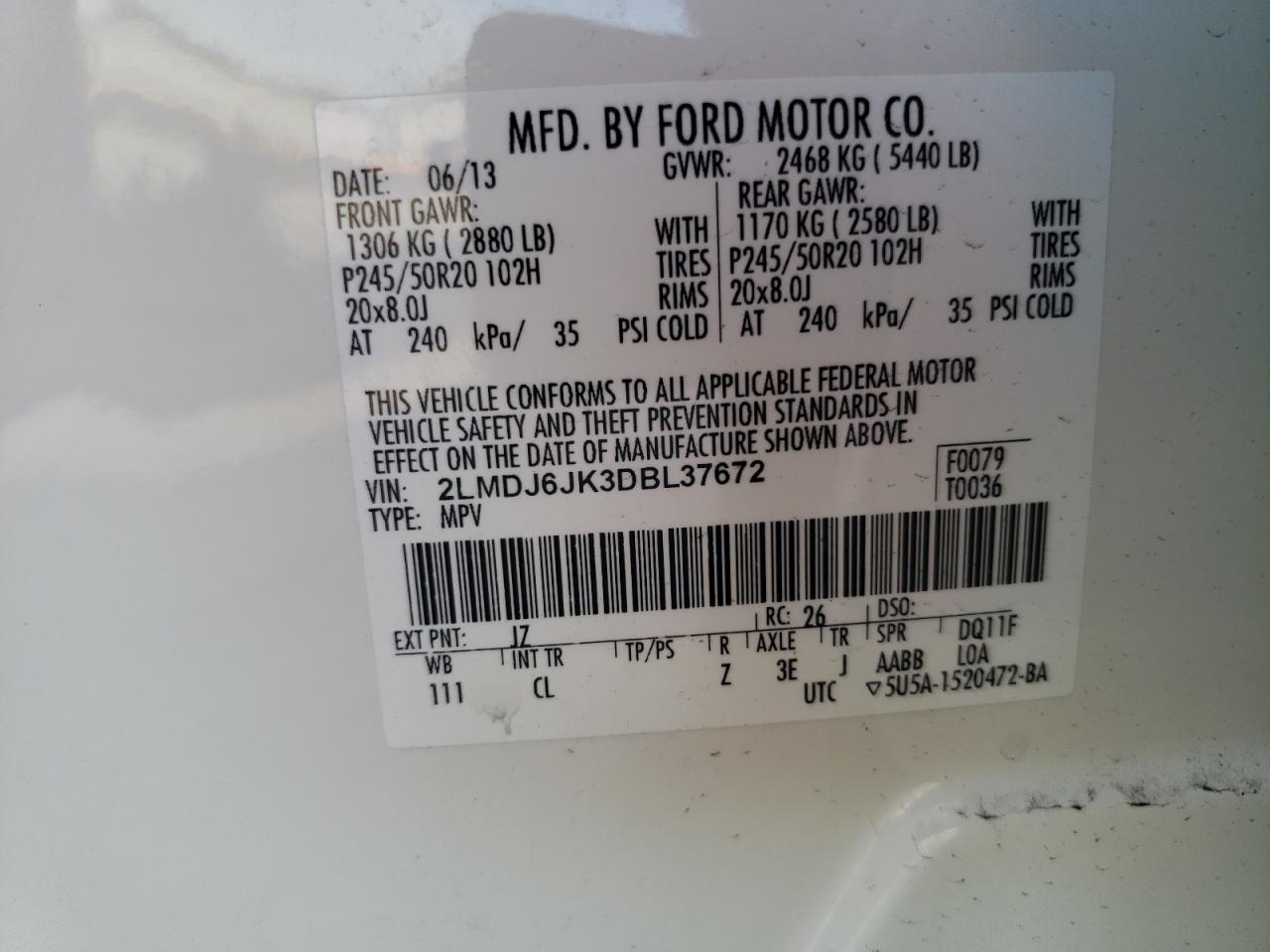 Photo 10 from auction – 2013 LINCOLN MKX with VIN 2LMDJ6JK3DBL37672