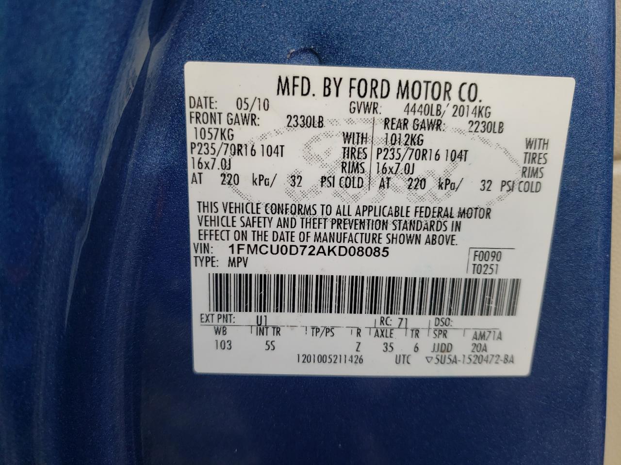 Photo 10 from auction – 2010 FORD ESCAPE XLT with VIN 1FMCU0D72AKD08085