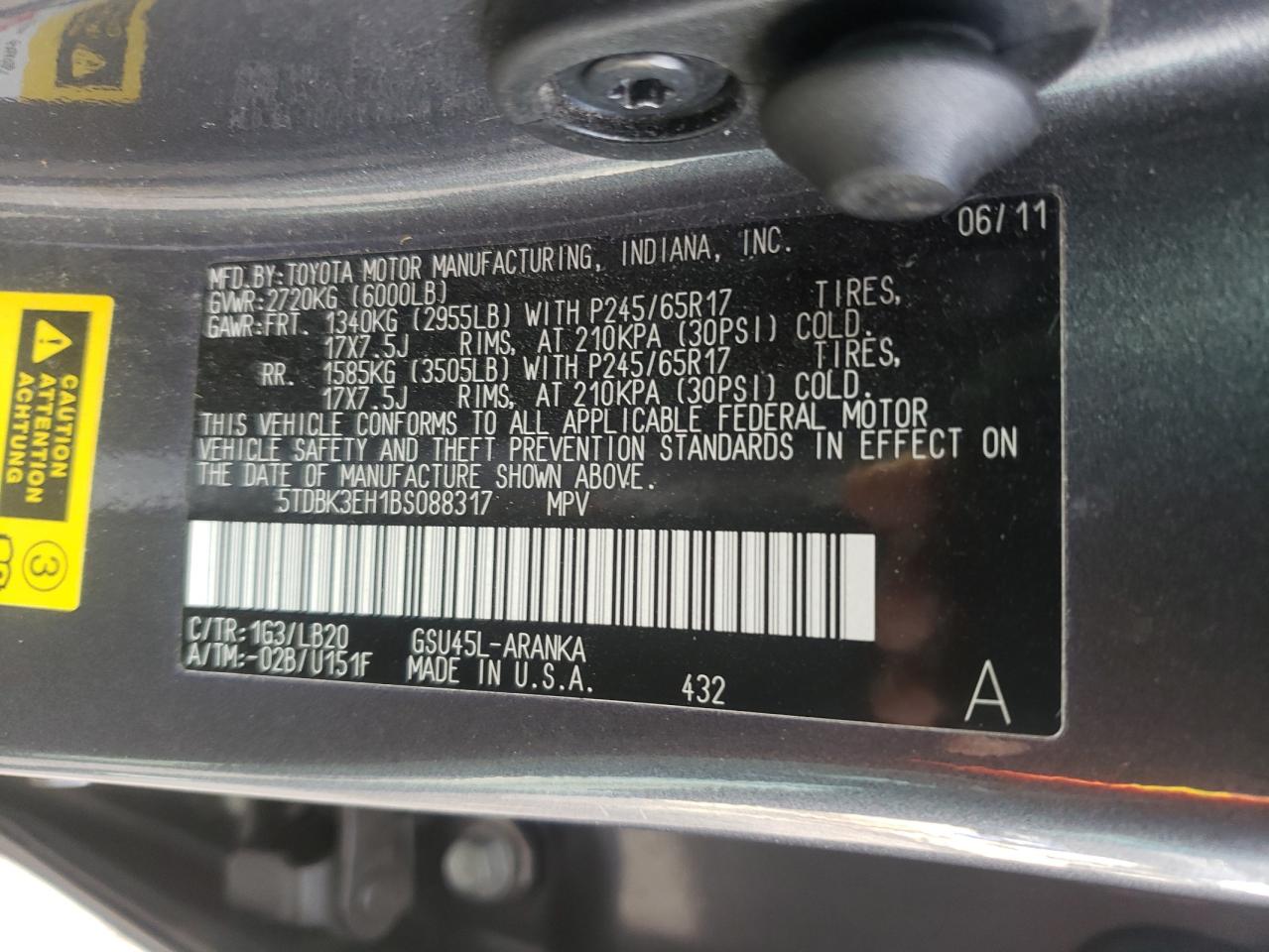Photo 10 from auction – 2011 TOYOTA HIGHLANDER with VIN 5TDBK3EH1BS088317