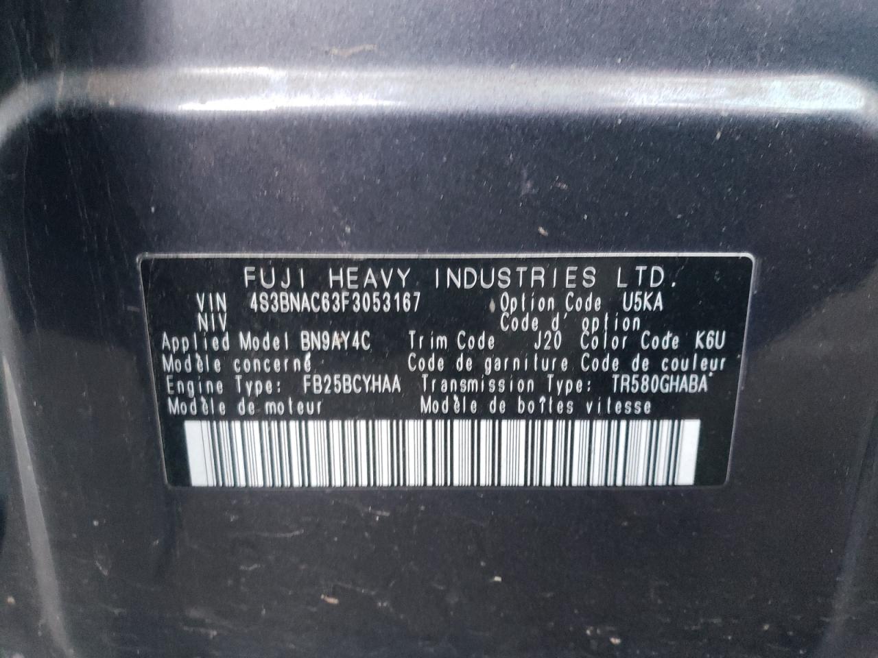 Photo 10 from auction – 2015 SUBARU LEGACY 2.5 with VIN 4S3BNAC63F3053167