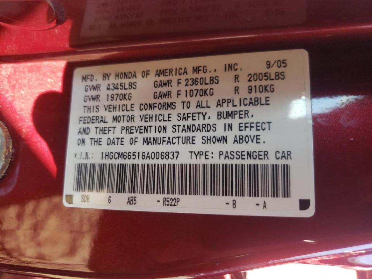Photo 10 from auction – 2006 HONDA ACCORD with VIN 1HGCM66516A006837