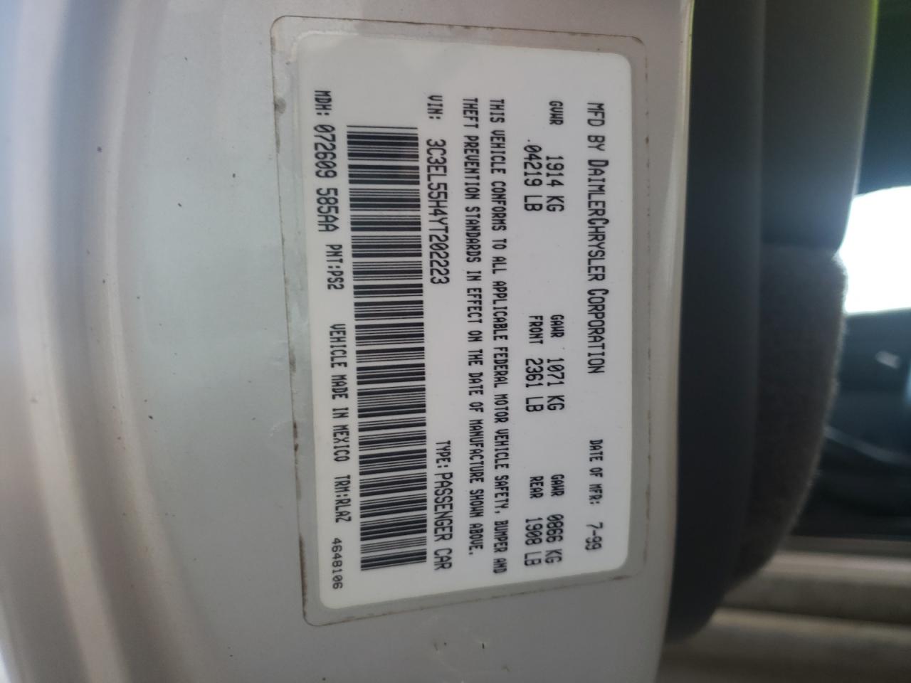 Photo 10 from auction – 2000 CHRYSLER SEBRING JX with VIN 3C3EL55H4YT202223