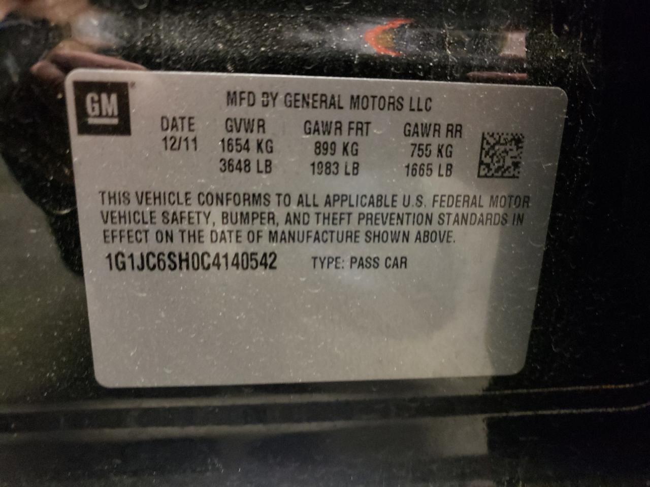 Photo 10 from auction – 2012 CHEVROLET SONIC LT with VIN 1G1JC6SH0C4140542