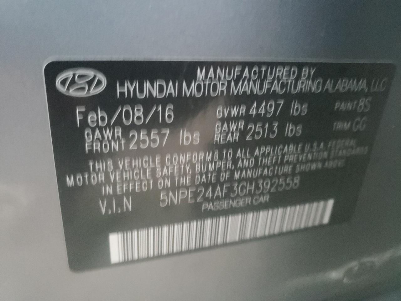 Photo 10 from auction – 2016 HYUNDAI SONATA SE with VIN 5NPE24AF3GH392558
