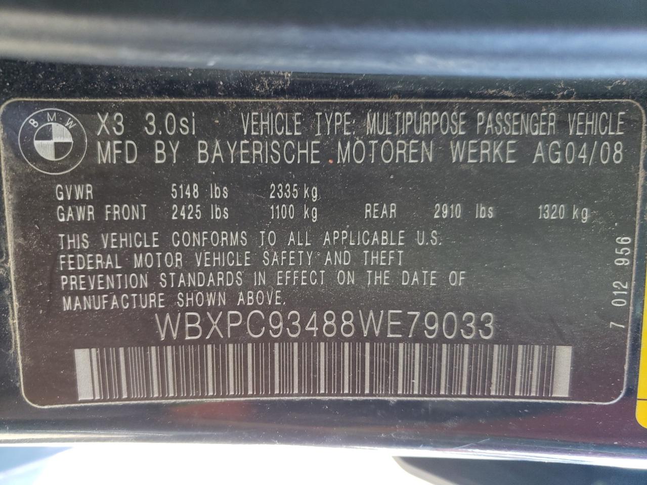 Photo 10 from auction – 2008 BMW X3 3.0SI with VIN WBXPC93488WE79033