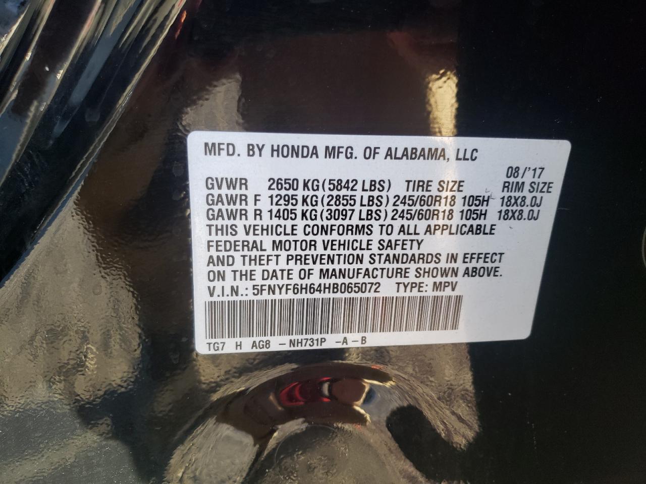 Photo 10 from auction – 2017 HONDA PILOT EXL with VIN 5FNYF6H64HB065072