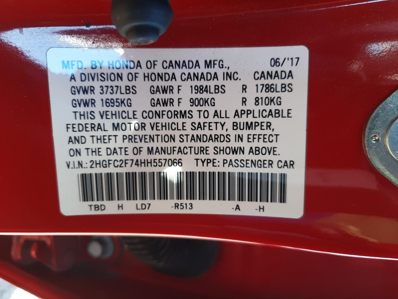 Photo 10 from auction – 2017 HONDA CIVIC EX with VIN 2HGFC2F74HH557066
