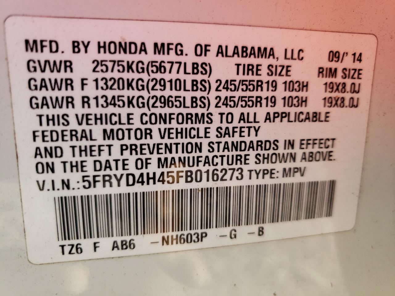 Photo 10 from auction – 2015 ACURA MDX TECHNO with VIN 5FRYD4H45FB016273