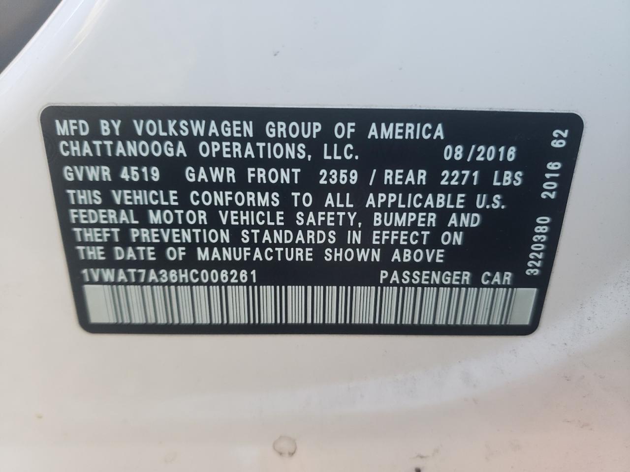 Photo 10 from auction – 2017 VOLKSWAGEN PASSAT S with VIN 1VWAT7A36HC006261