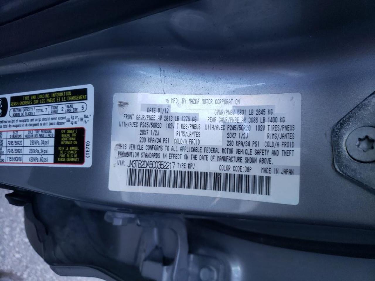 Photo 10 from auction – 2012 MAZDA CX-9 with VIN JM3TB2DA5C0352217