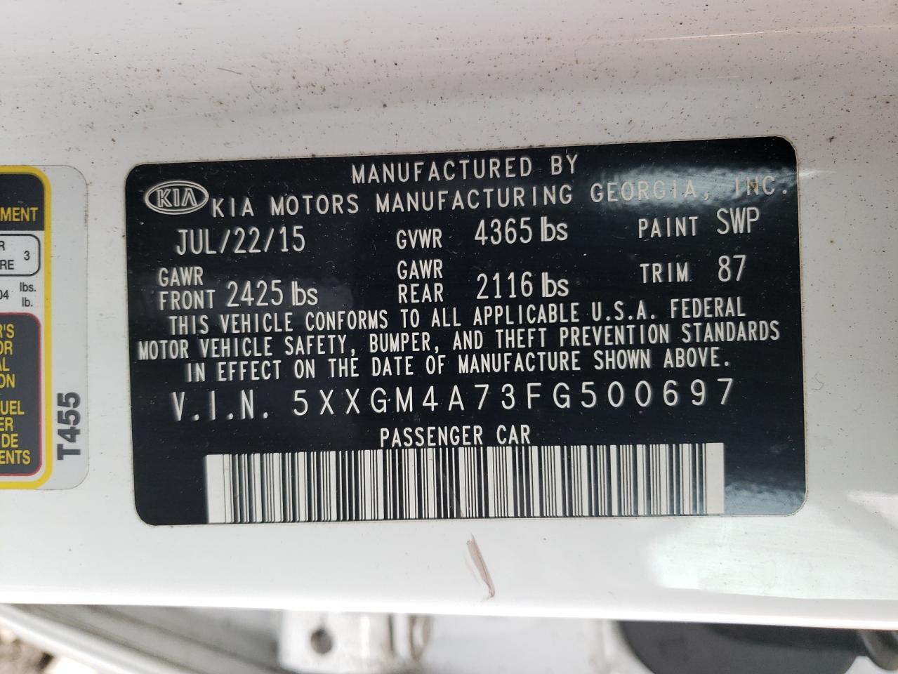 Photo 10 from auction – 2015 KIA OPTIMA LX with VIN 5XXGM4A73FG500697
