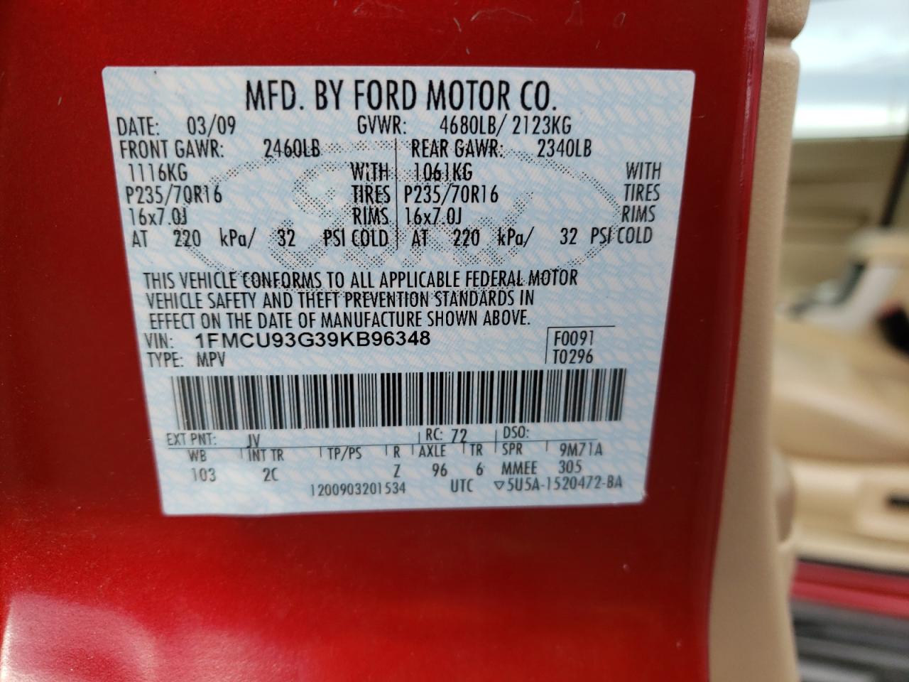 Photo 10 from auction – 2009 FORD ESCAPE XLT with VIN 1FMCU93G39KB96348