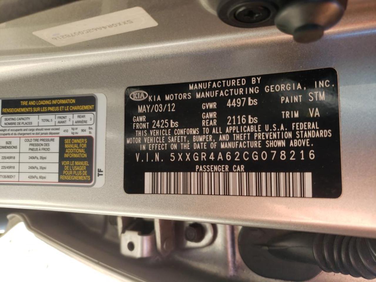 Photo 10 from auction – 2012 KIA OPTIMA SX with VIN 5XXGR4A62CG078216