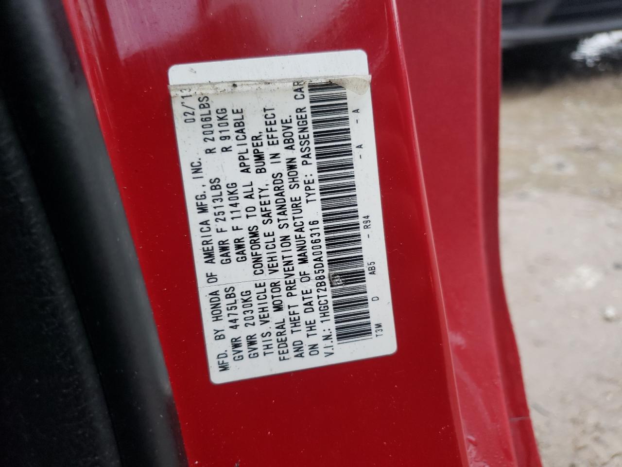 Photo 10 from auction – 2013 HONDA ACCORD EXL with VIN 1HGCT2B85DA006316