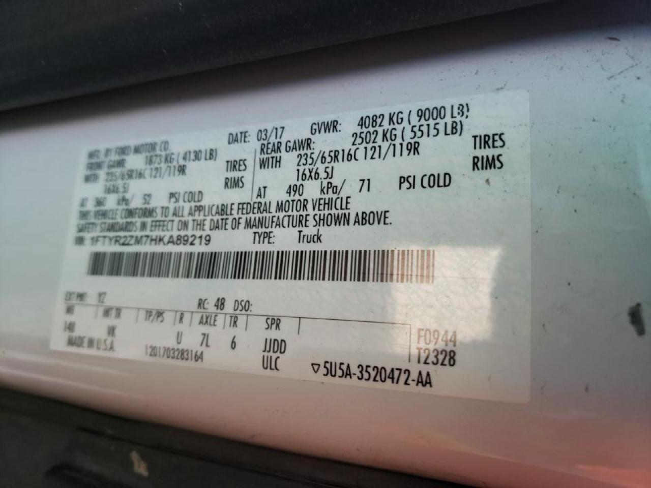 Photo 10 from auction – 2017 FORD TRANSIT T- with VIN 1FTYR2ZM7HKA89219