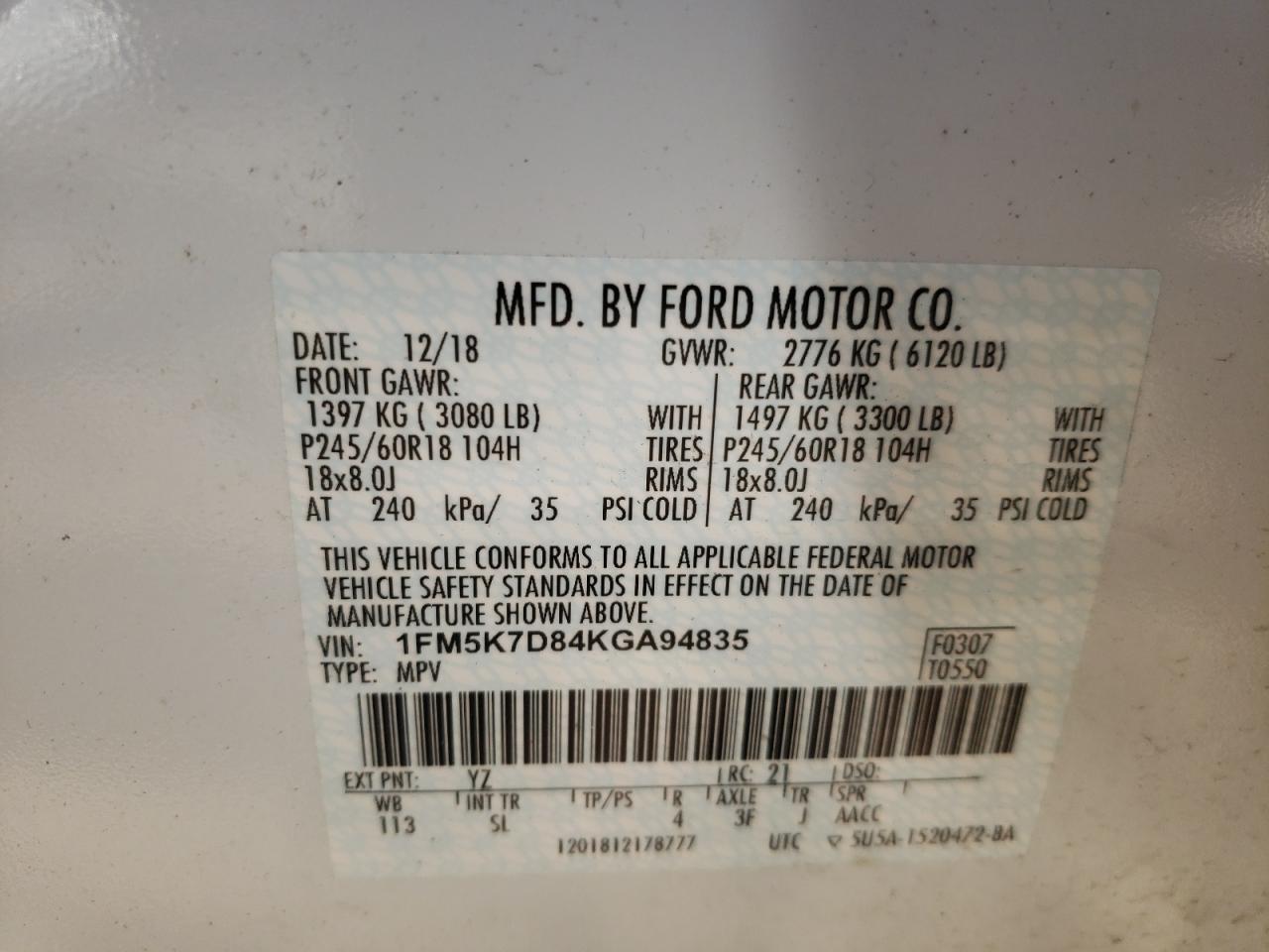 Photo 10 from auction – 2019 FORD EXPLORER X with VIN 1FM5K7D84KGA94835