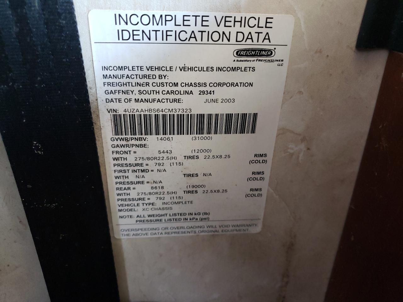 Photo 10 from auction – 2004 FREIGHTLINER CHASSIS X with VIN 4UZAAHBS64CM37323