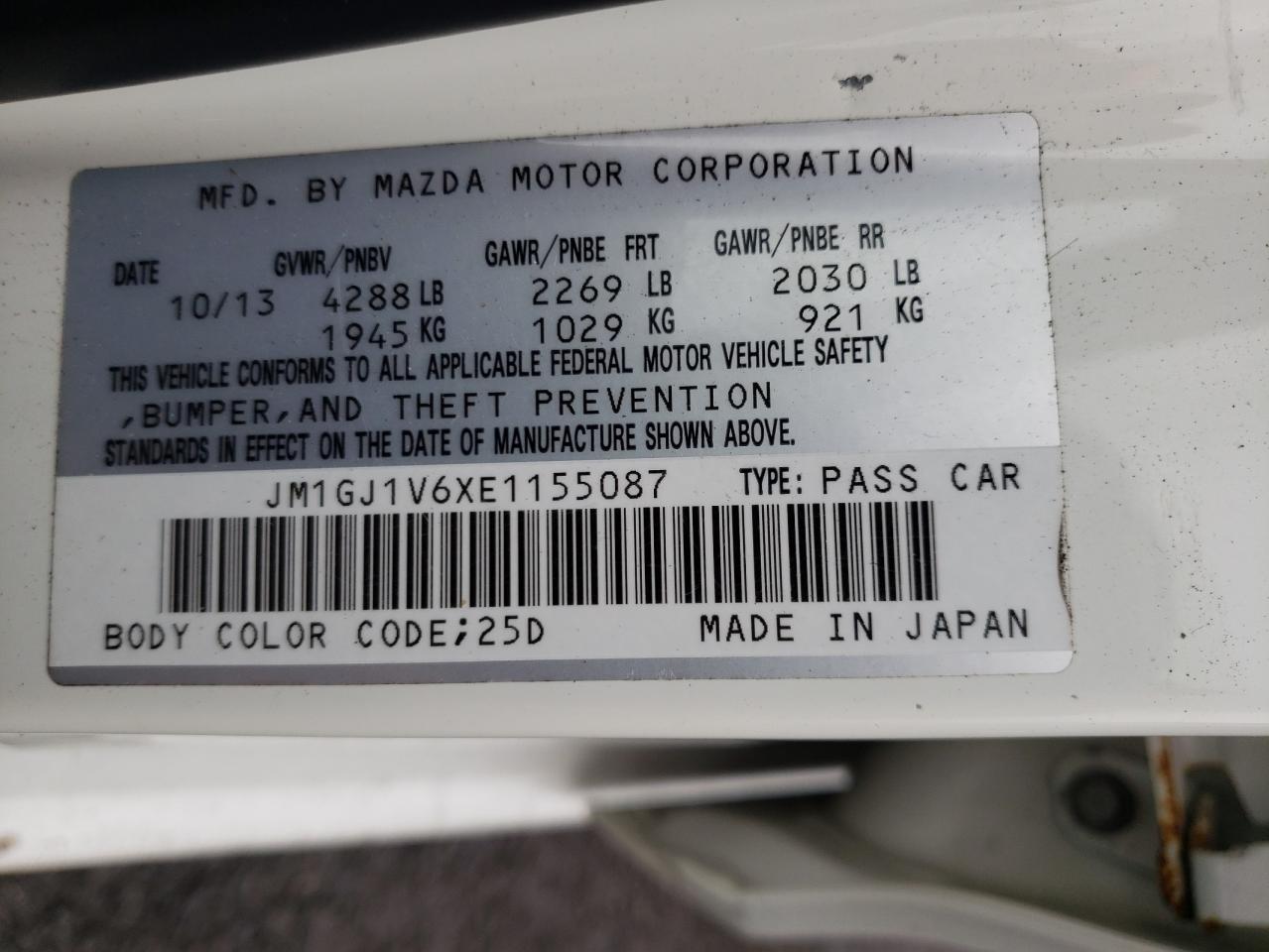 Photo 10 from auction – 2014 MAZDA 6 TOURING with VIN JM1GJ1V6XE1155087