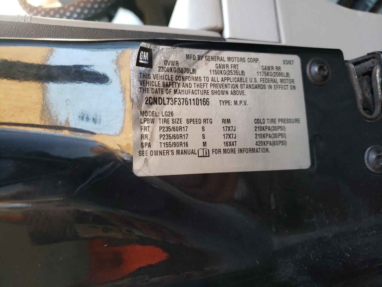 Photo 10 from auction – 2007 CHEVROLET EQUINOX LT with VIN 2CNDL73F376110166