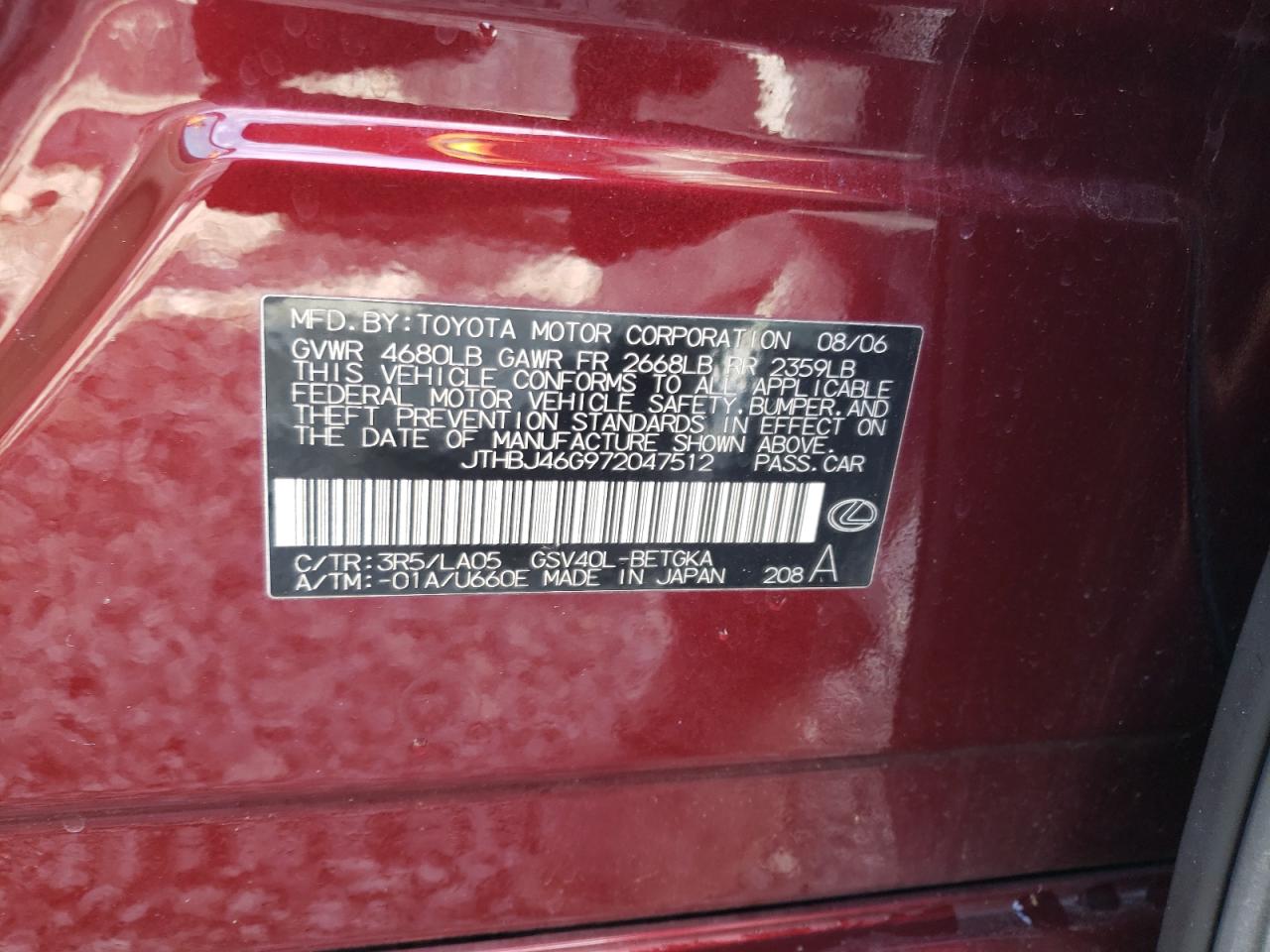 Photo 10 from auction – 2007 LEXUS ES 350 with VIN JTHBJ46G972047512