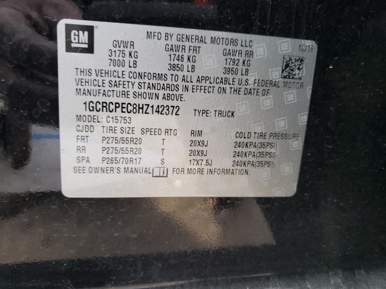 Photo 10 from auction – 2017 CHEVROLET SILVERADO with VIN 1GCRCPEC8HZ142372