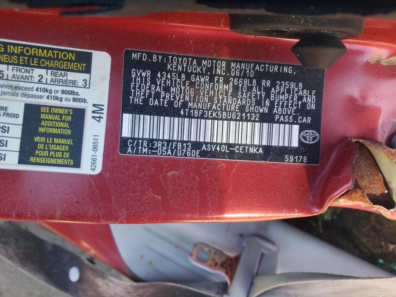 Photo 10 from auction – 2011 TOYOTA CAMRY BASE with VIN 4T1BF3EK5BU621132